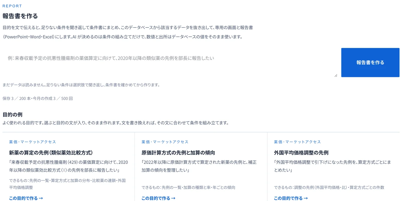 報告書を作る欄。業務の目的を文で書く